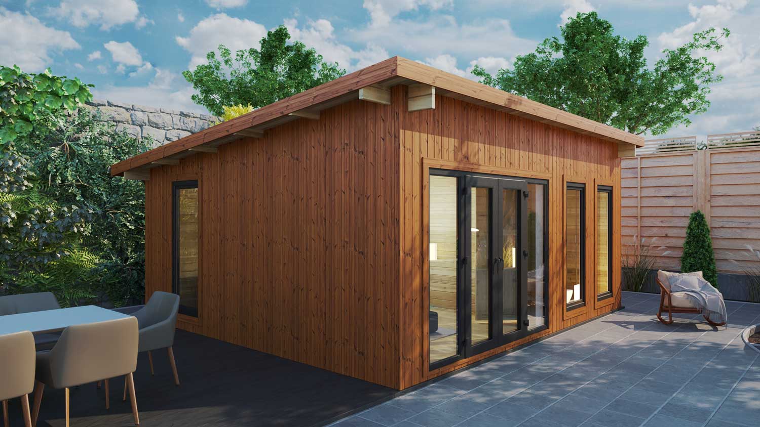 Loghouse Budget-one-bed-type-E Log Cabin - vertical thermowood and Grey PVC windows