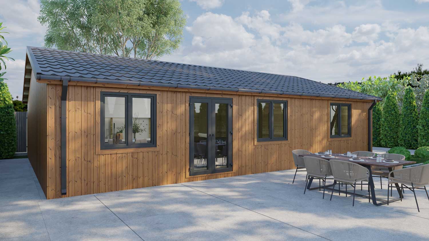 Loghouse Budget-three-bed-type-F Log Cabin - vertical thermowood and Grey PVC windows